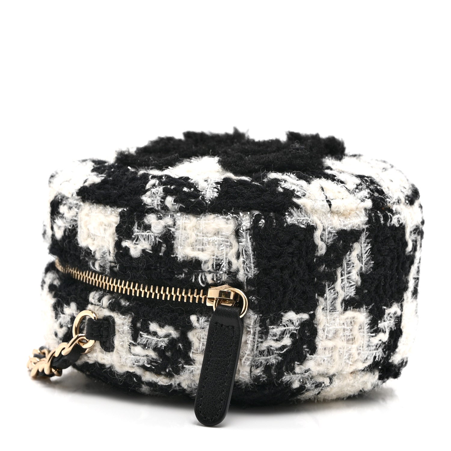 Chanel Wool Tweed Lambskin Quilted Round Clutch With Chain and Coin Purse Black White