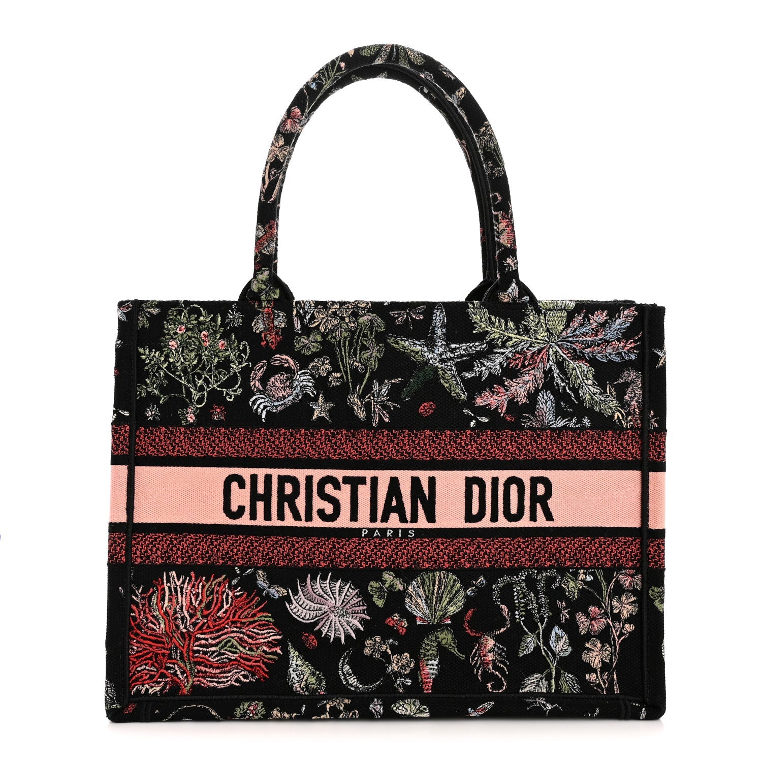 Christian Dior Canvas Embroidered Medium Cabinet De Curiosites Book Tote Black Multicolor