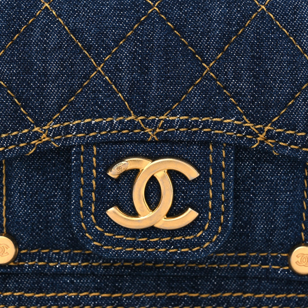 Chanel Denim Quilted Double You Card Holder On Chain Blue