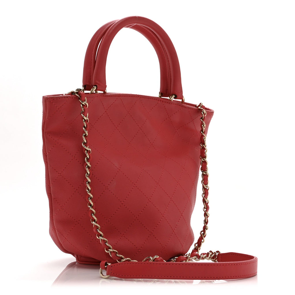 Chanel Calfskin Stitched Chain Bucket Bag Coral