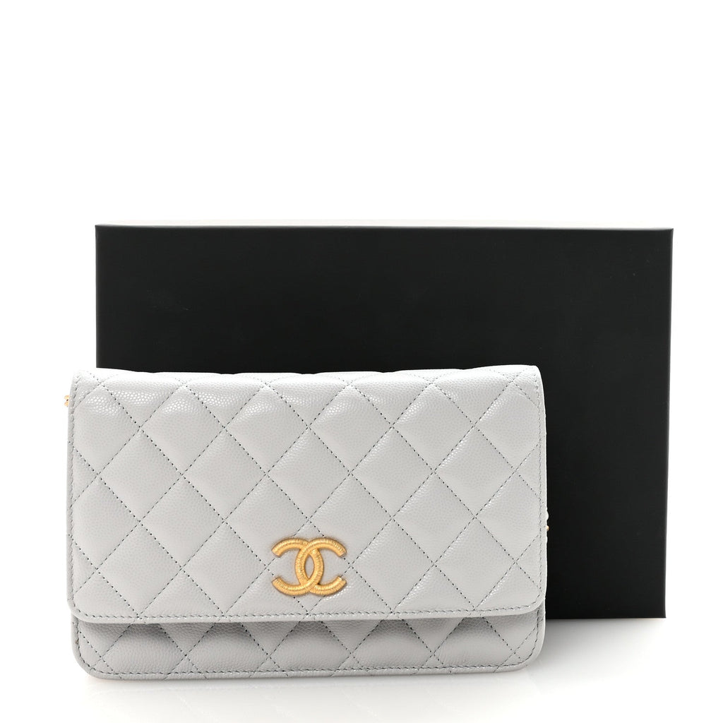 Chanel Caviar Quilted Textured CC Wallet on Chain WOC Grey