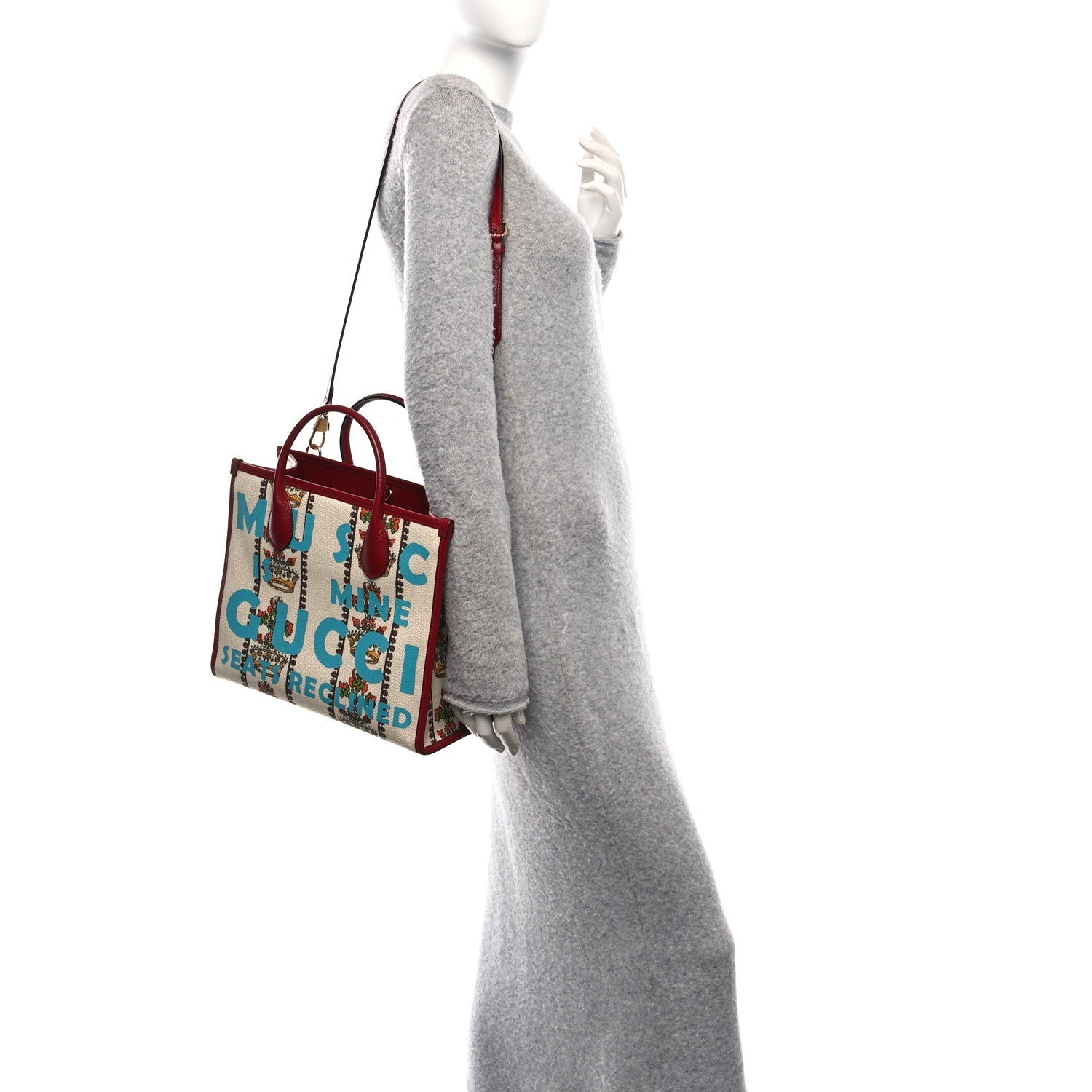 Gucci Canvas Jacquard Calfskin 100 Centennial Music Small Tote Bag Ivory Red