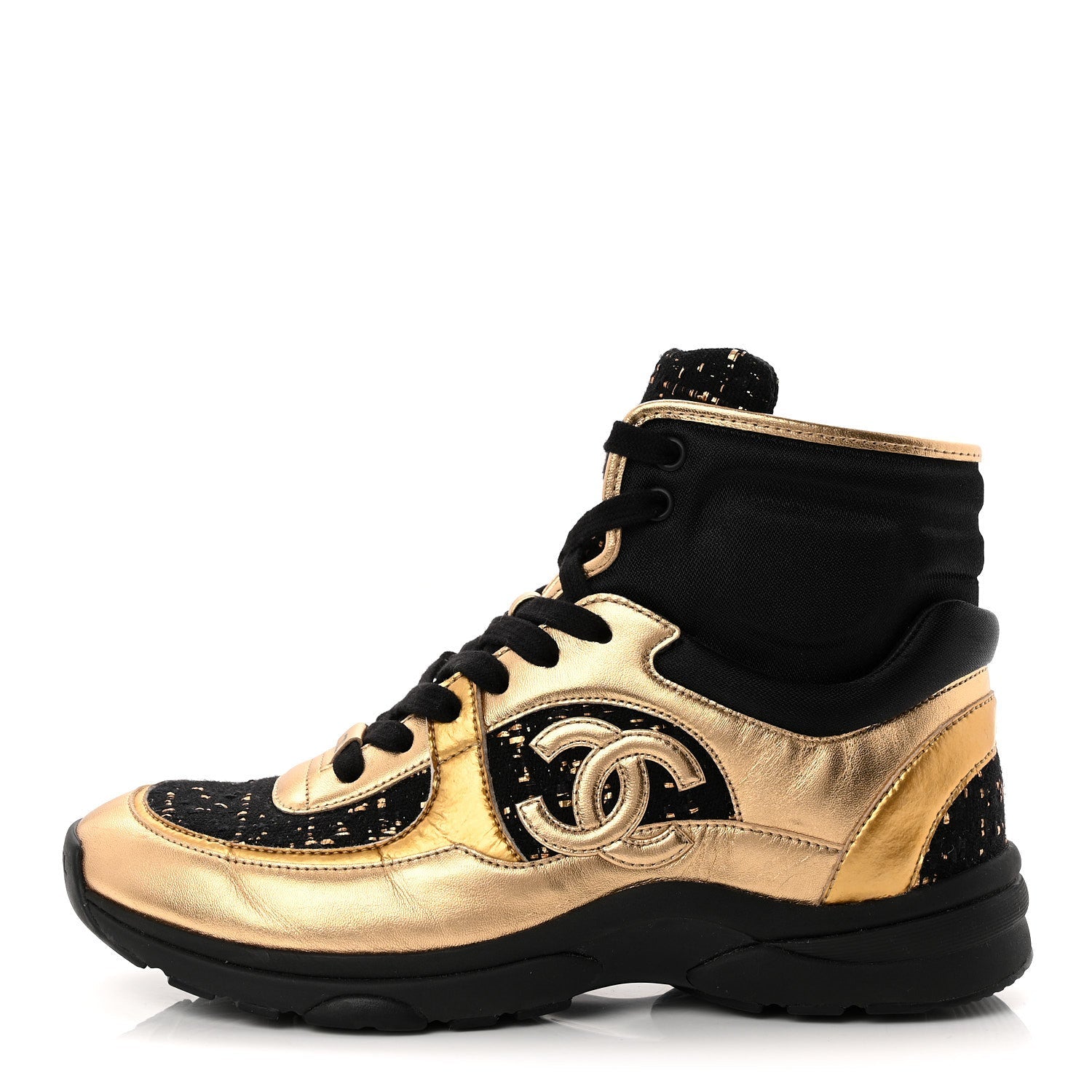 Satin Lambskin Fabric Tweed CC High Top Sneakers 39 Black Gold