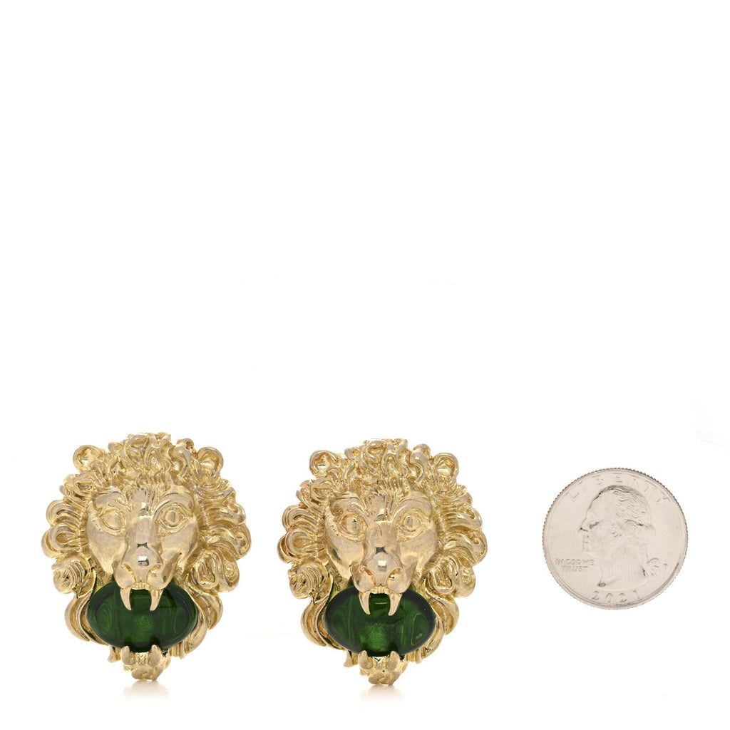 Gucci Crystal Lion Head Clip On Earrings Aged Gold Green