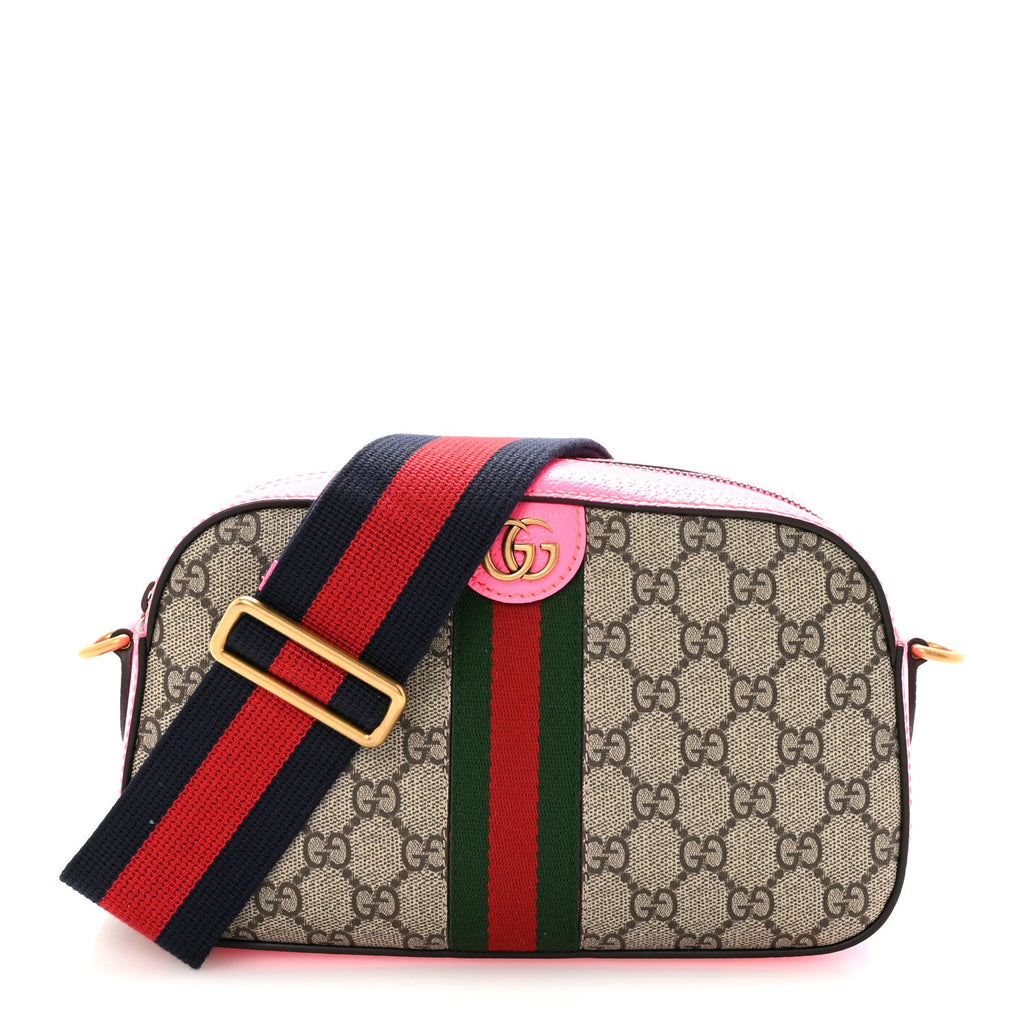 Gucci GG Supreme Monogram Textured Dollar Calfskin Web Ophidia Small Crossbody Bag Beige Ebony Fuchsia