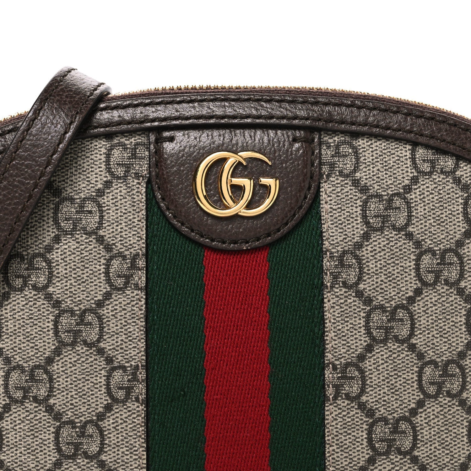 Gucci GG Supreme Monogram Textured Dollar Calfskin Web Small Ophidia Dome Shoulder Bag Beige Ebony New Acero