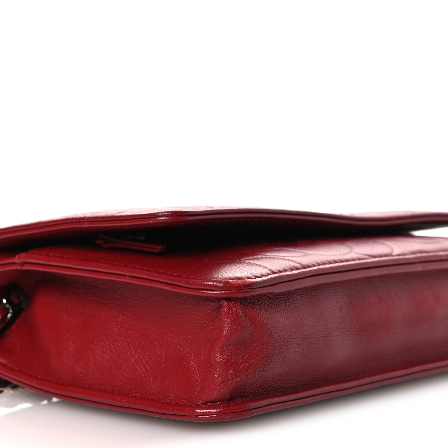 Chanel Lambskin Camellia Embossed Wallet on Chain WOC Red