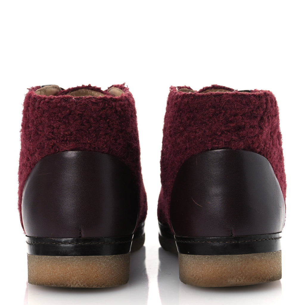 Chanel Tweed Calfskin Patent CC Lace Up Short Boots 39 Burgundy