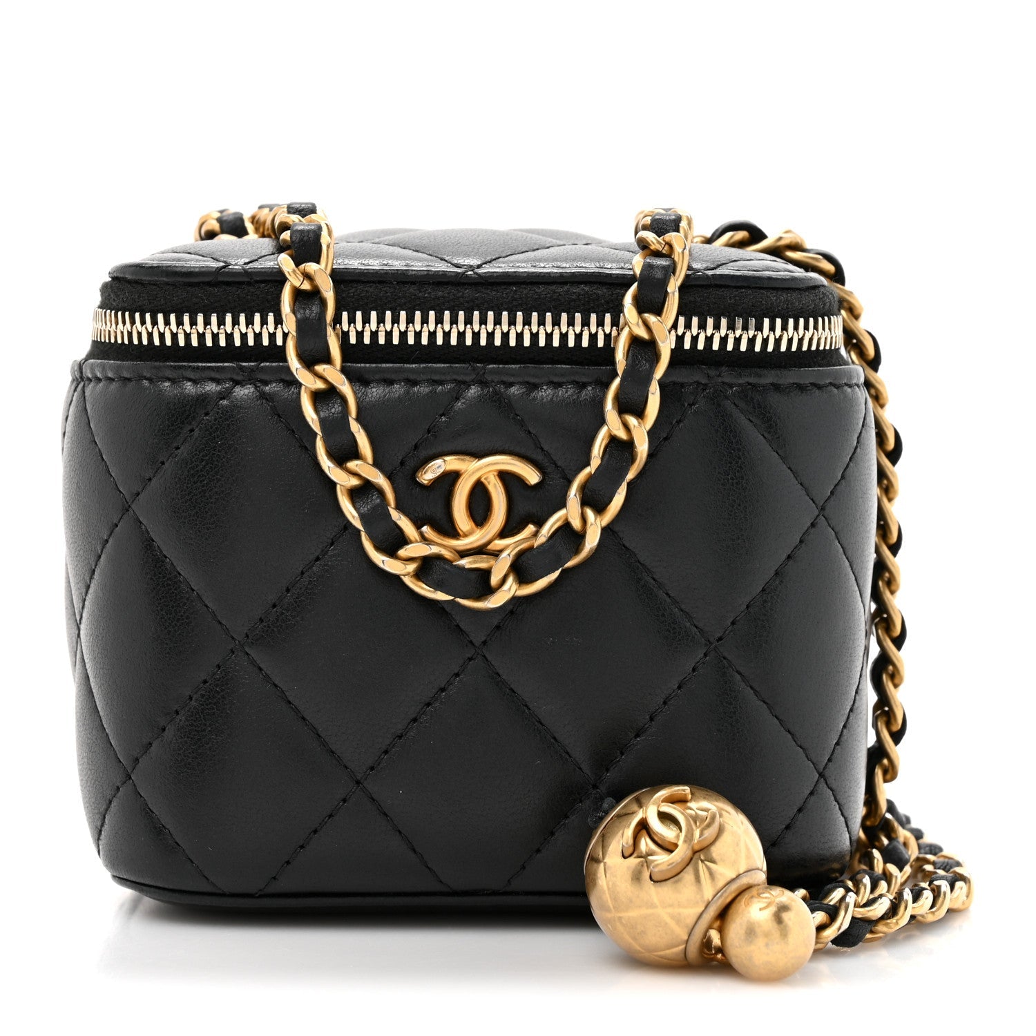 Chanel Lambskin Quilted Mini Pearl Crush Vanity Case With Chain Black