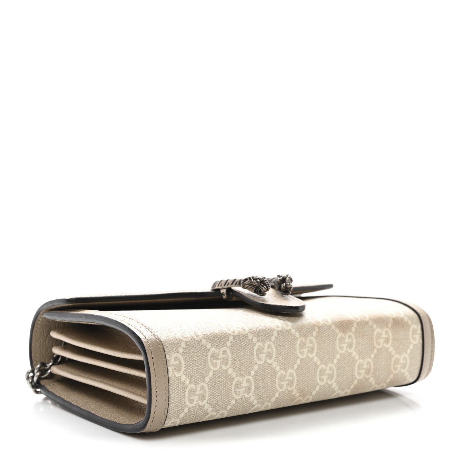 Gucci GG Supreme Monogram Textured Dollar Calfskin Mini Dionysus Chain Wallet Beige Mystic White Oatmeal