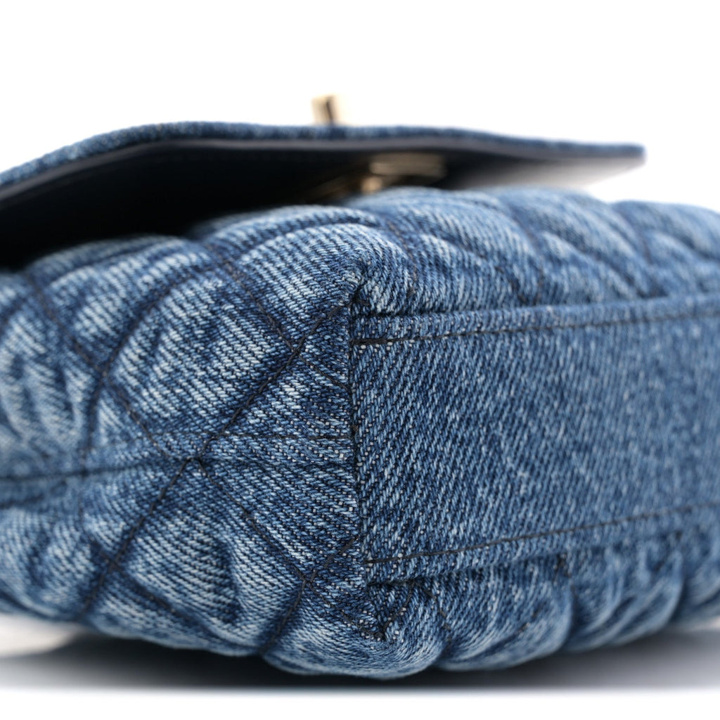 Chanel Washed Denim Quilted Coco Handle Clutch With Chain Blue