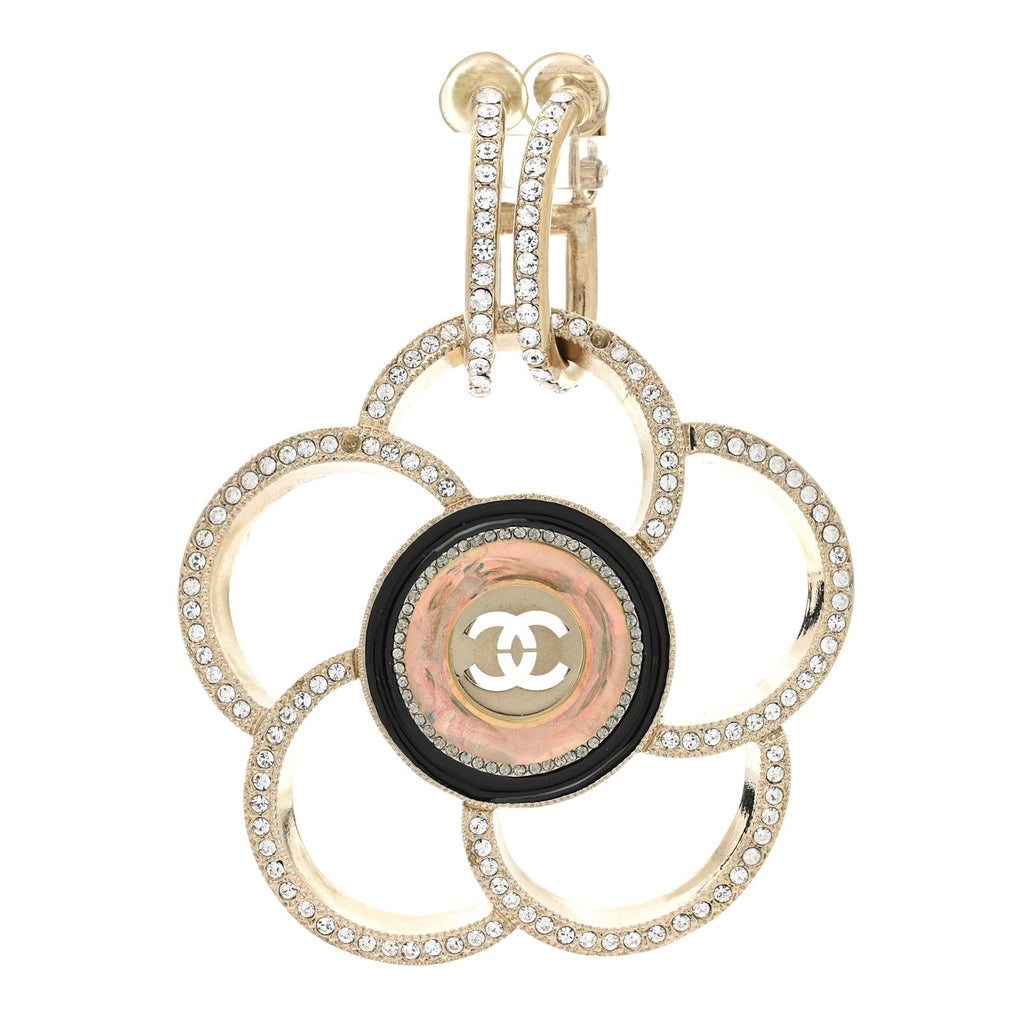 Resin Crystal CC Camellia Drop Single Clip On Earring Gold Black