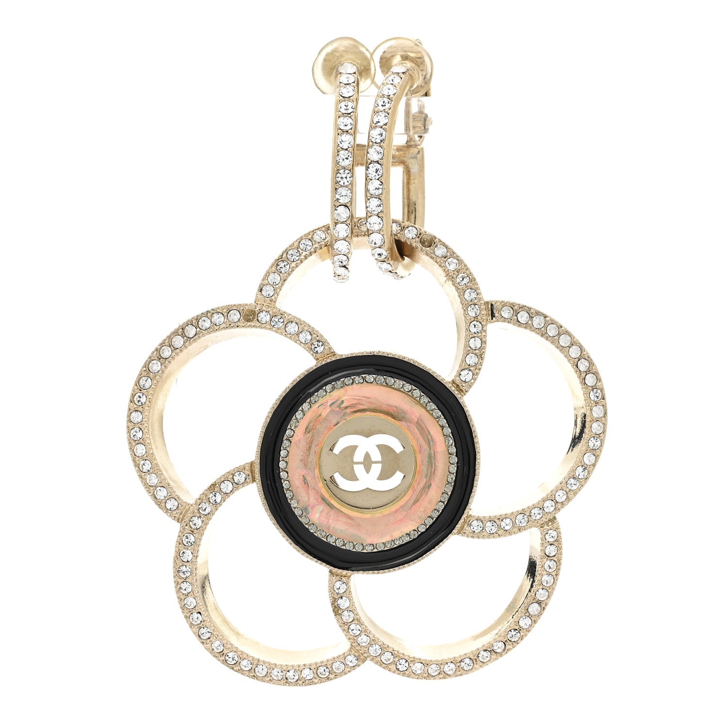 Resin Crystal CC Camellia Drop Single Clip On Earring Gold Black