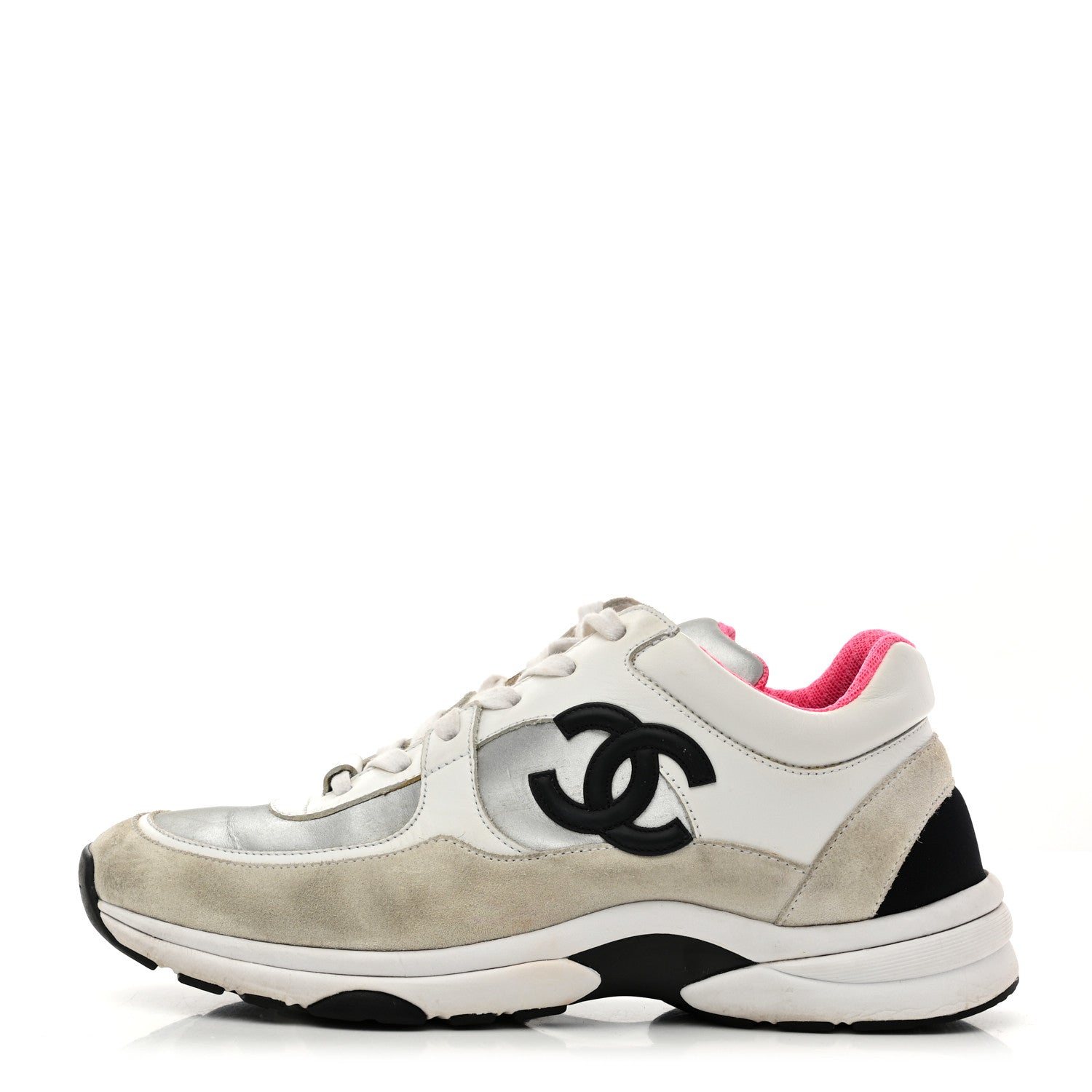 Calfskin Fabric Sneakers 39 White Silver Fluo Pink
