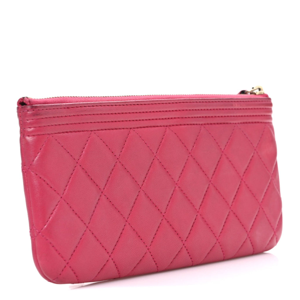 Lambskin Quilted Small Boy Zipped Pouch Dark Pink