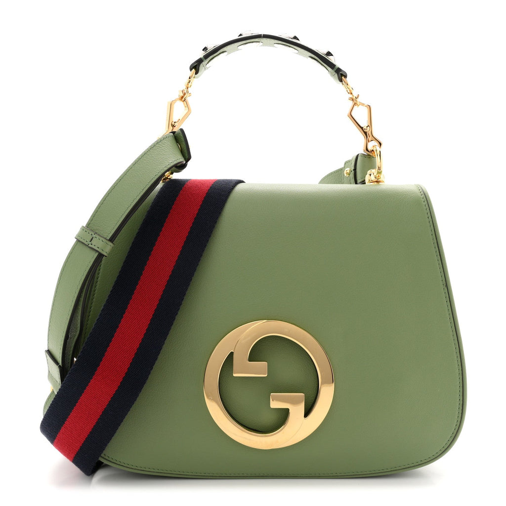 Gucci Roxy Calfskin Web Medium Blondie Top Handle Shoulder Flap Bag Salamander Green