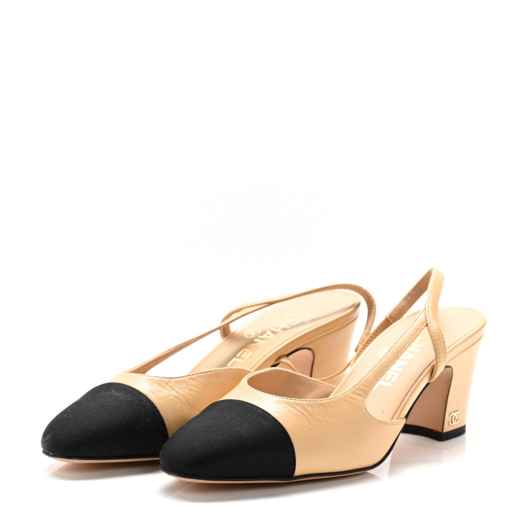 Goatskin Grosgrain Cap Toe CC Slingback Pumps 37 Beige Black
