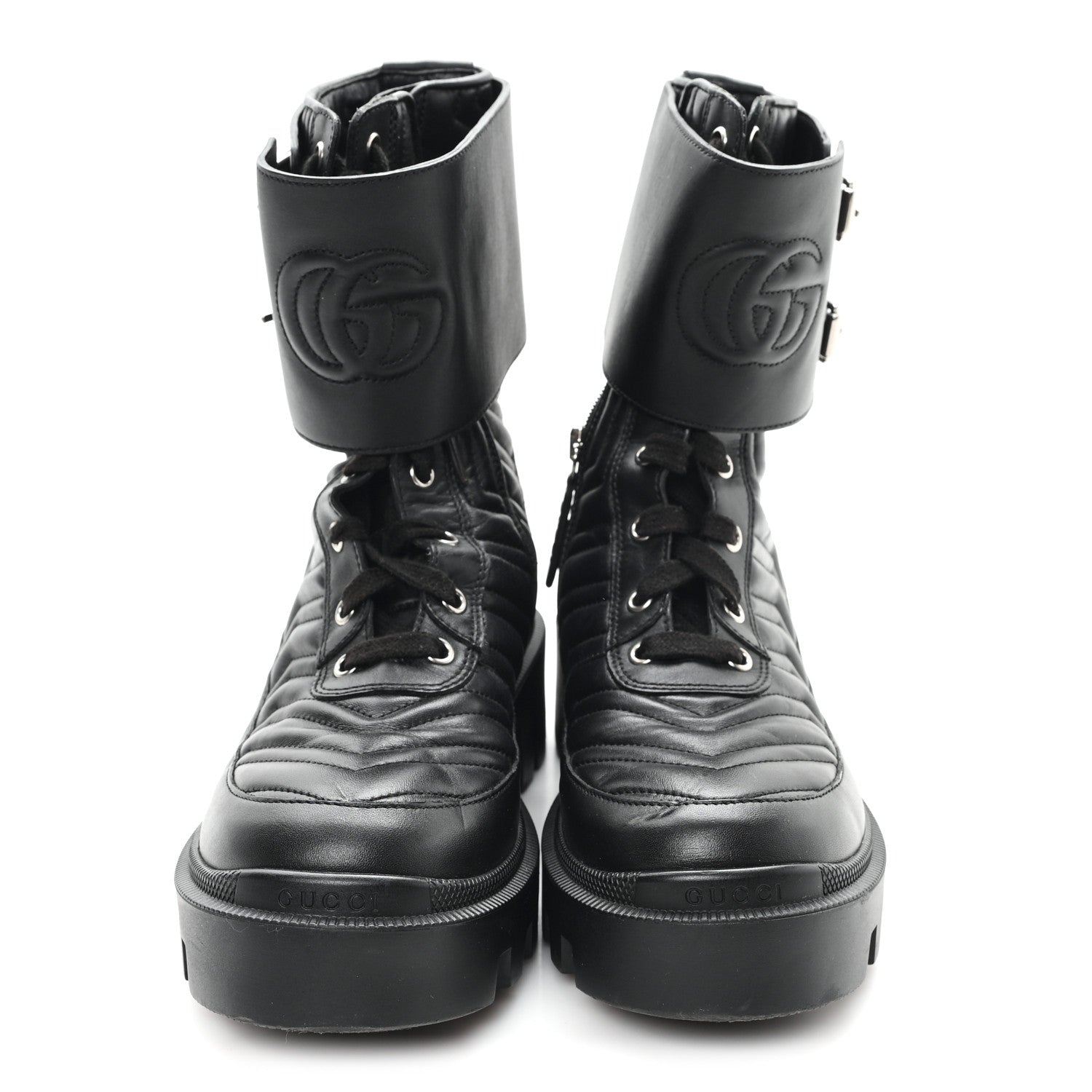 Gucci Nappa Frances GG Matelasse Platform Combat Boots 37 Black