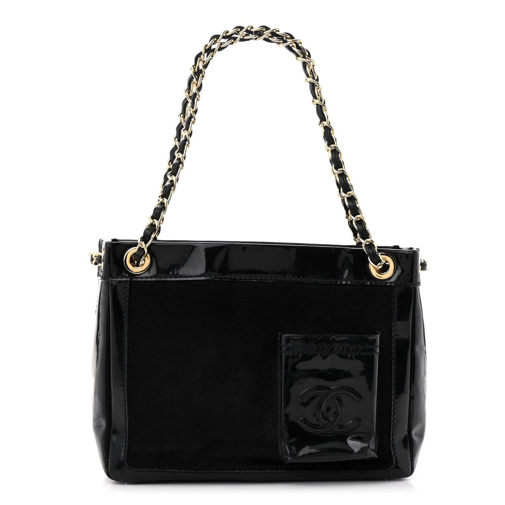 Chanel Patent Pony Hair Small Pocket Tote Black