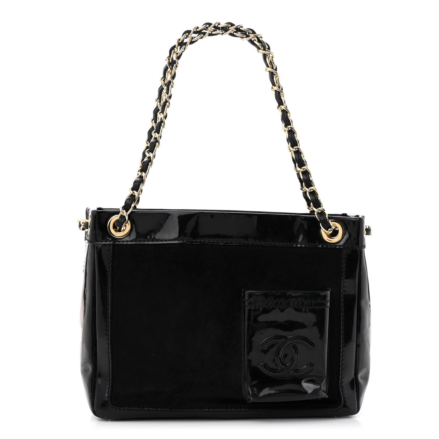 Chanel Patent Pony Hair Small Pocket Tote Black
