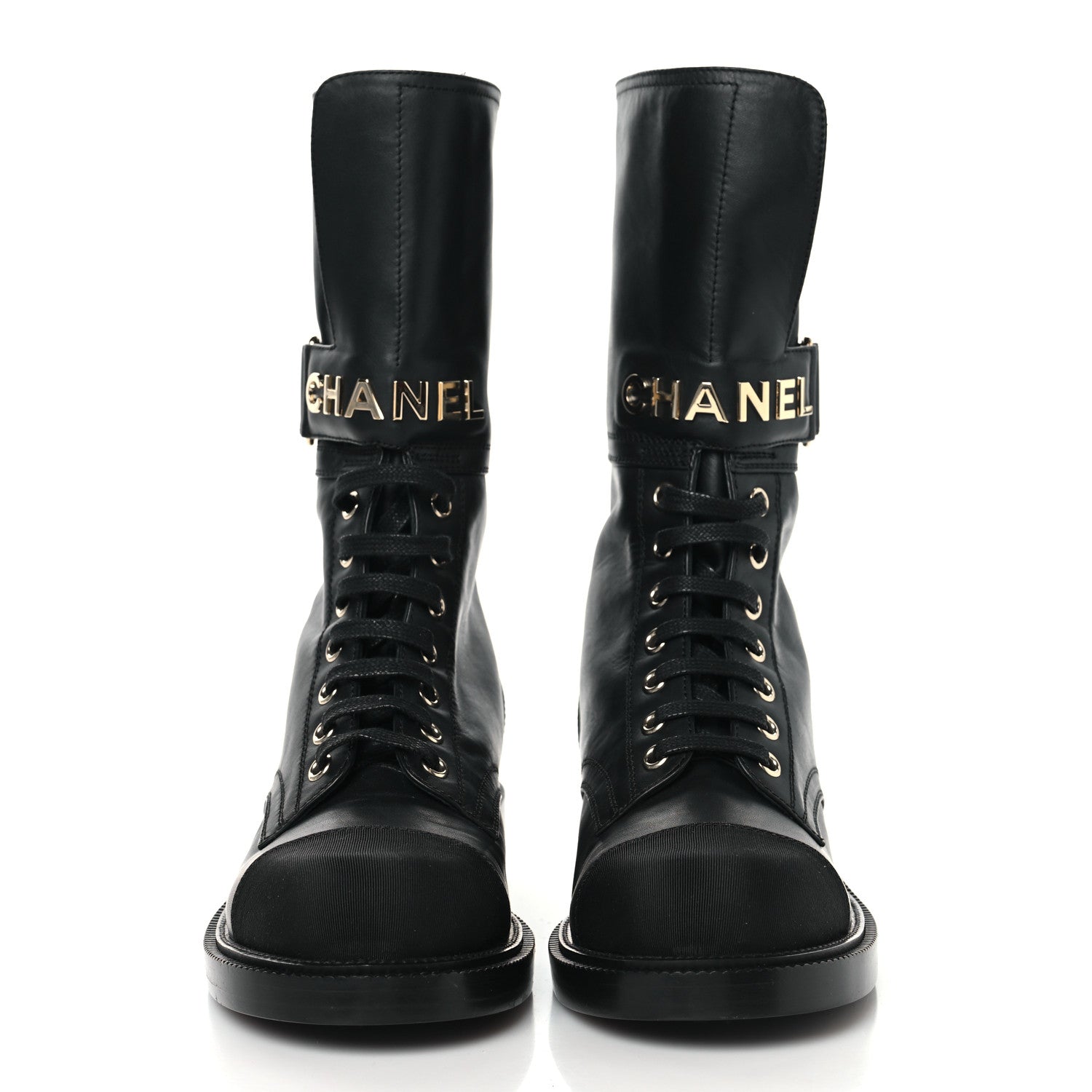Chanel Shiny Calfskin Grosgrain Lace Up Combat Boots 36.5 Black