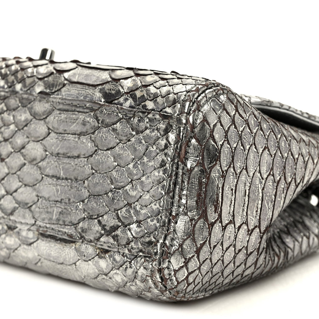 Chanel Metallic Snakeskin Medium Single Flap Silver