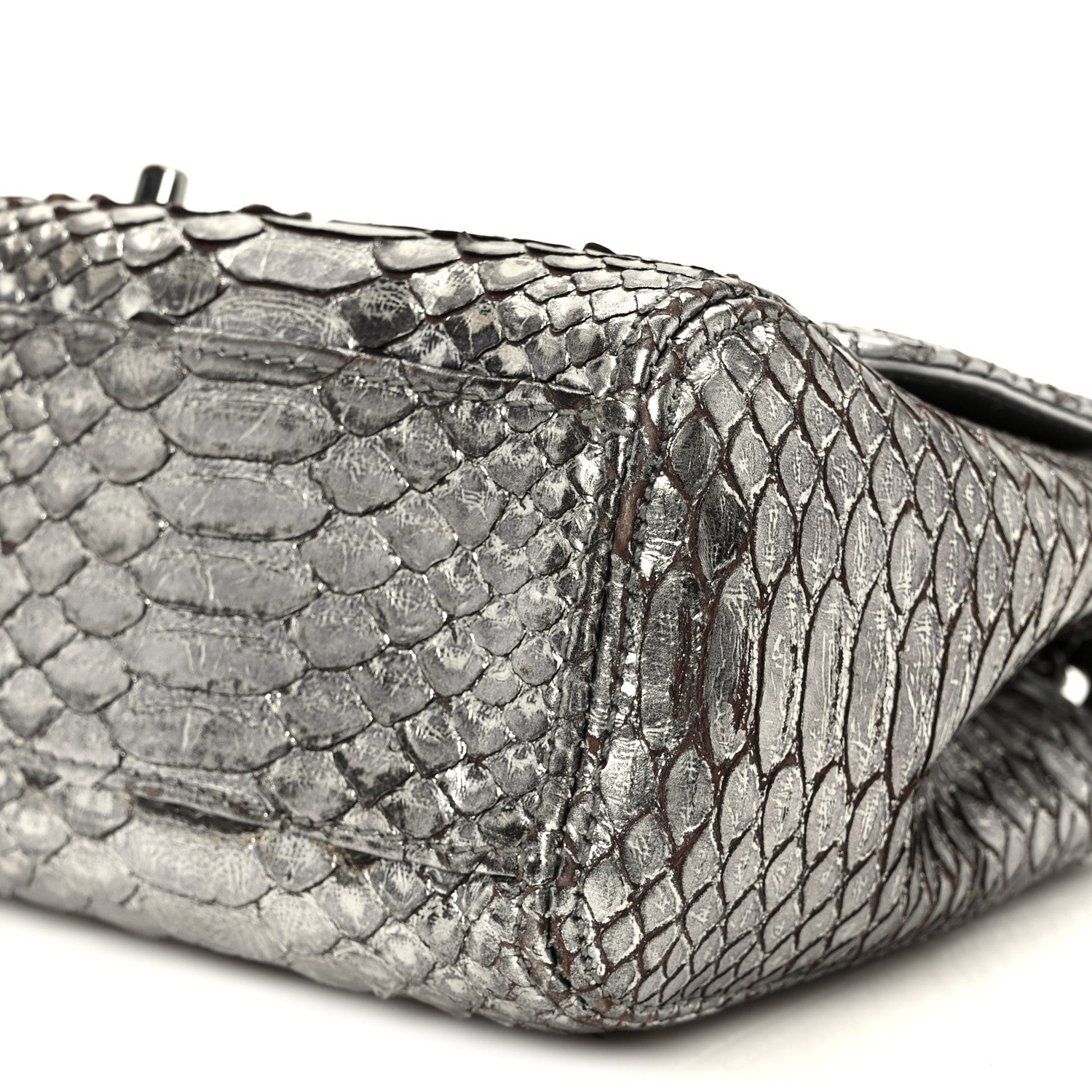 Chanel Metallic Snakeskin Medium Single Flap Silver