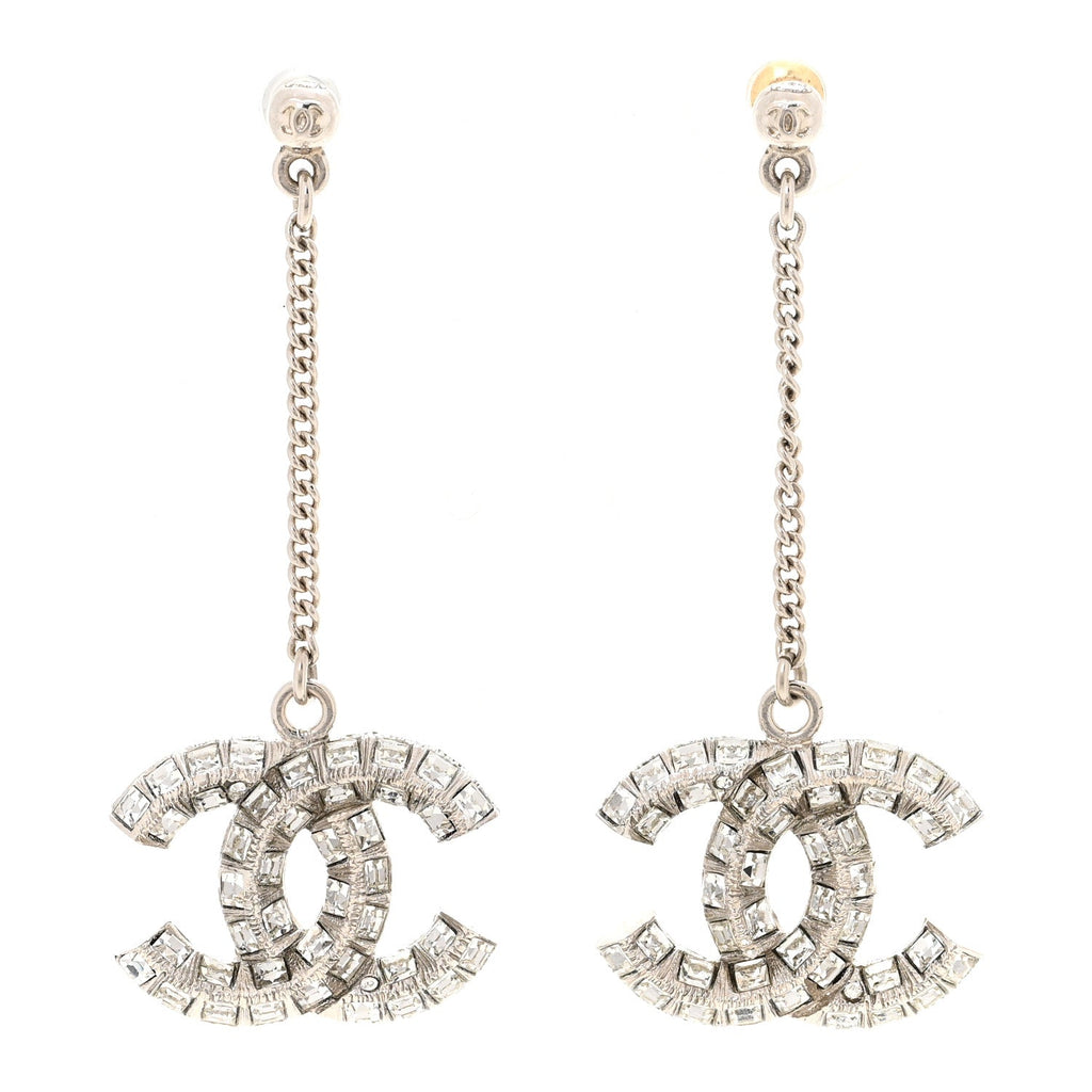 Baguette Crystal CC Drop Earrings Silver