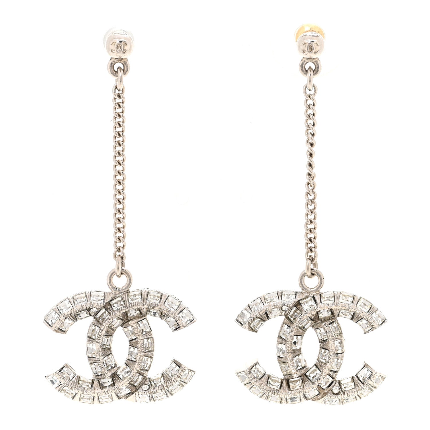 Baguette Crystal CC Drop Earrings Silver