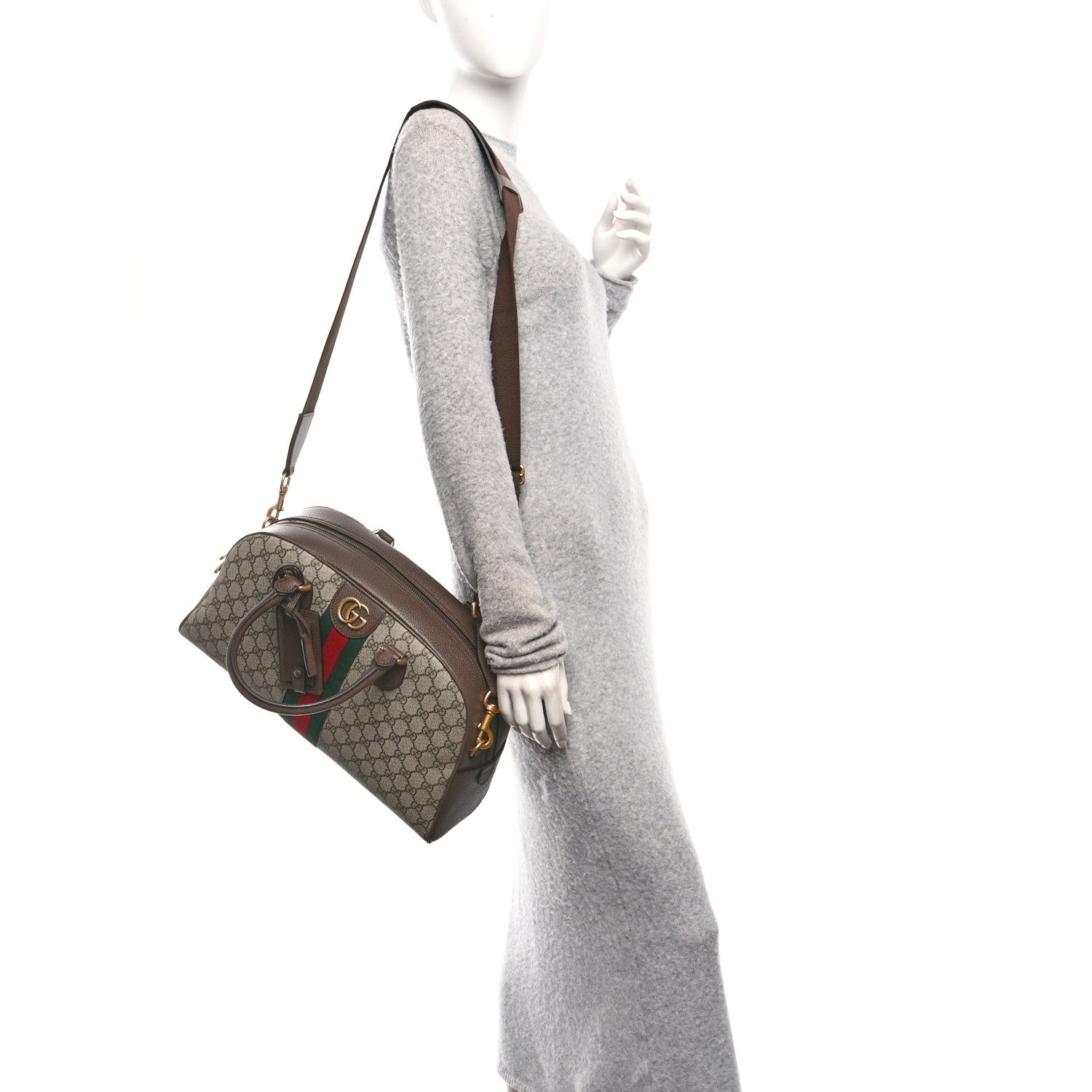 Gucci GG Supreme Monogram Textured Dollar Calfskin Web Medium Savoy Bowling Bag Beige Ebony New Acero