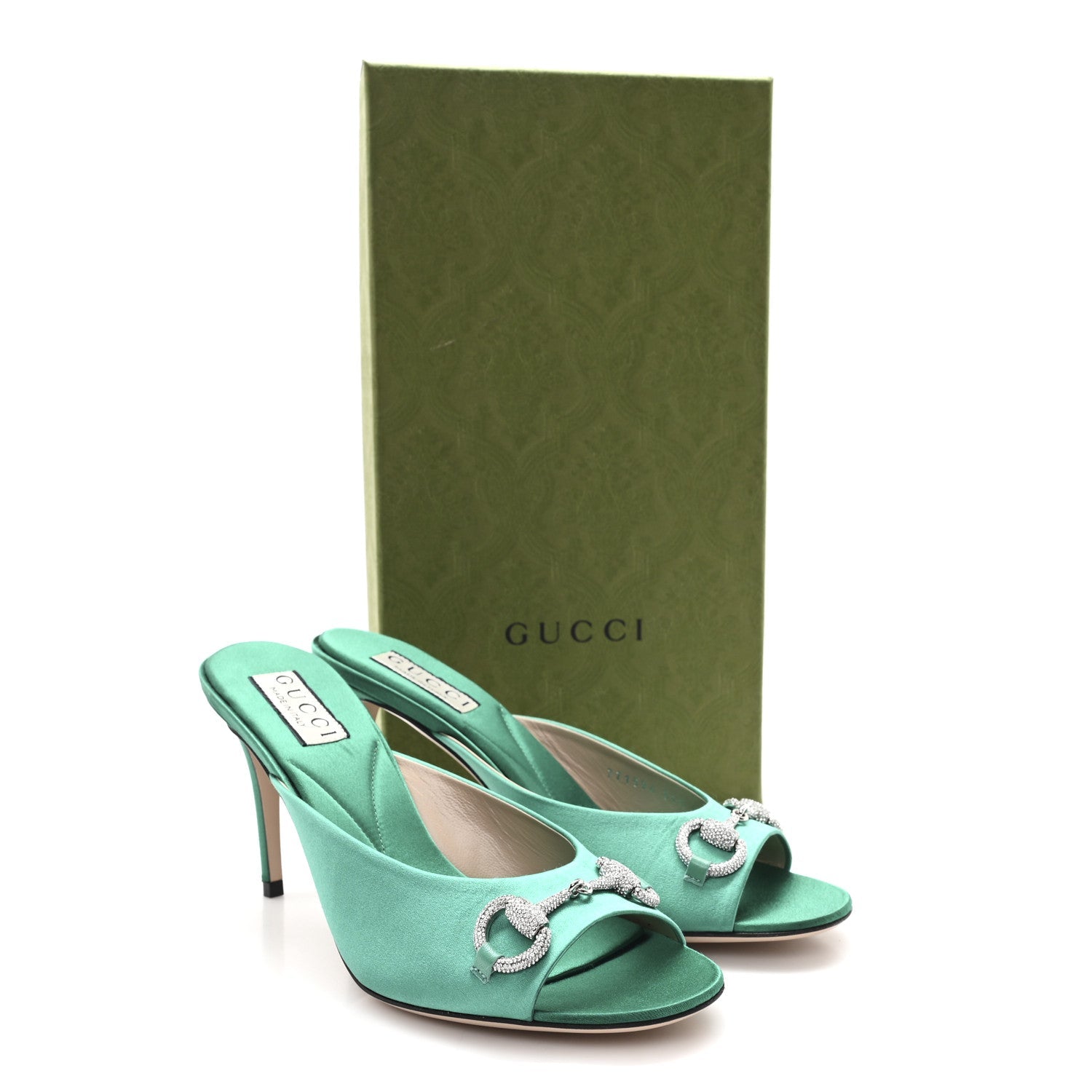 Gucci Raso Seta Malaga Kid Crystal Horsebit Sandals 37.5 Jade Caribbean Green