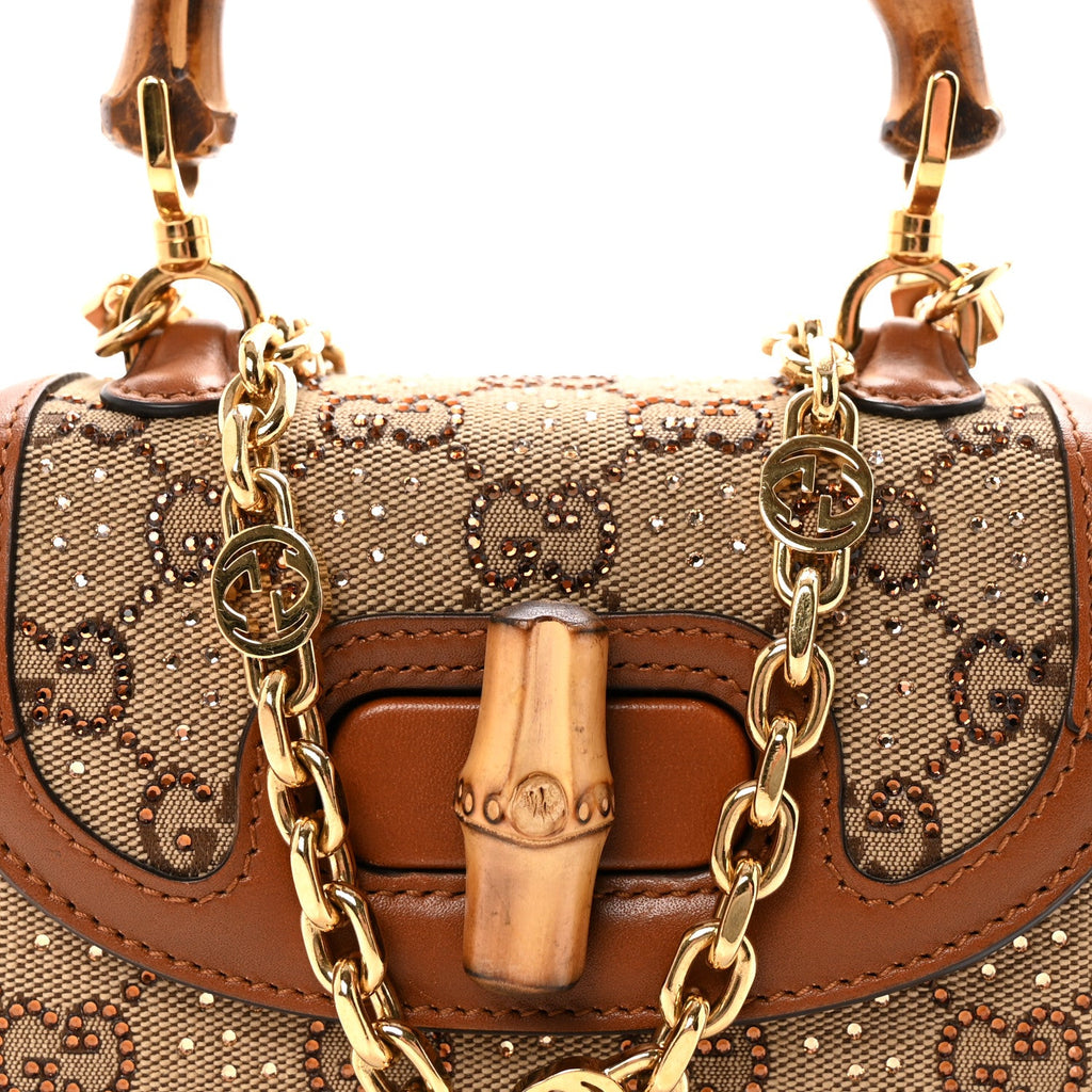 Gucci New Canvas Charisma Calfskin Crystal GG Monogram Small Bamboo 1947 Top Handle Bag Camel Ebony