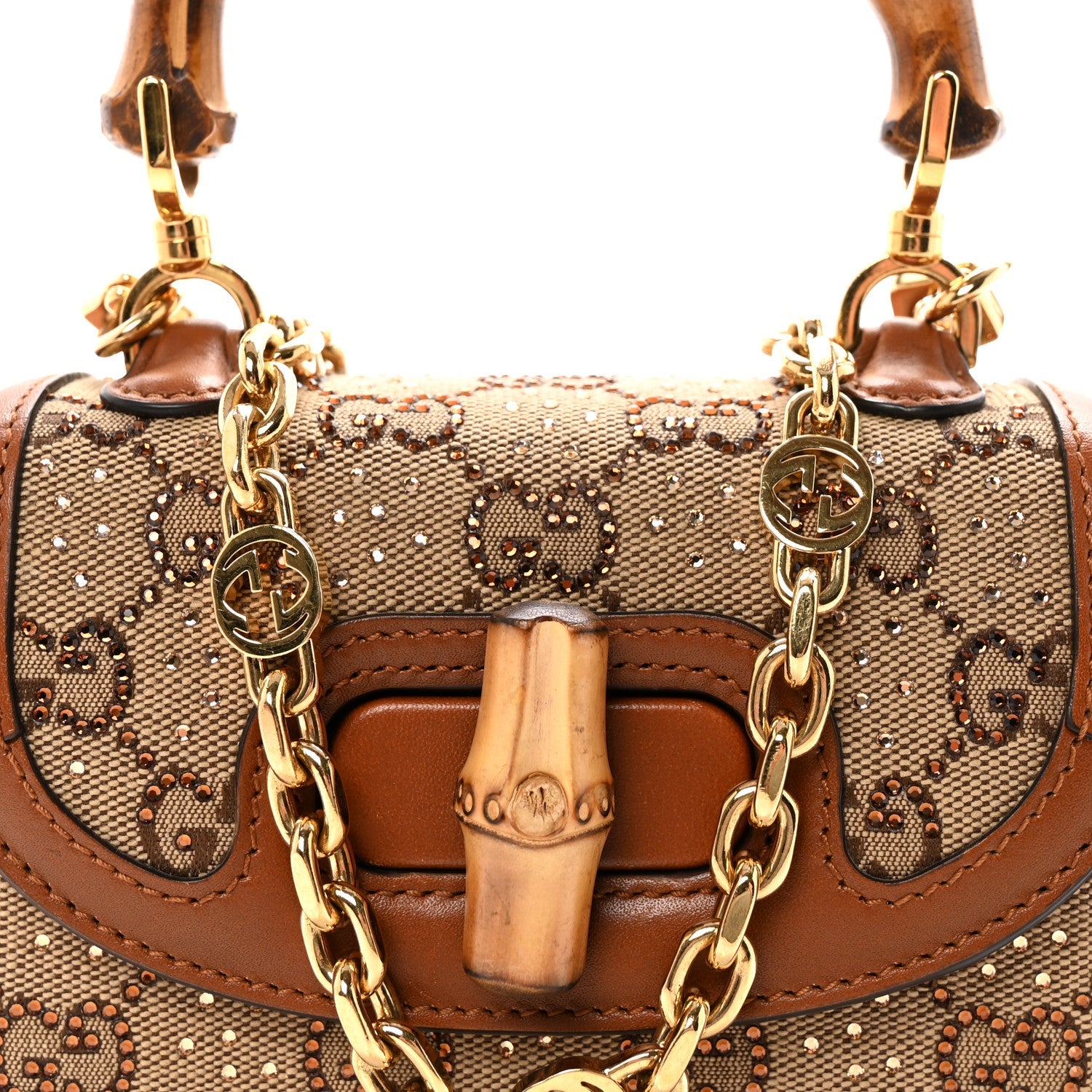 Gucci New Canvas Charisma Calfskin Crystal GG Monogram Small Bamboo 1947 Top Handle Bag Camel Ebony