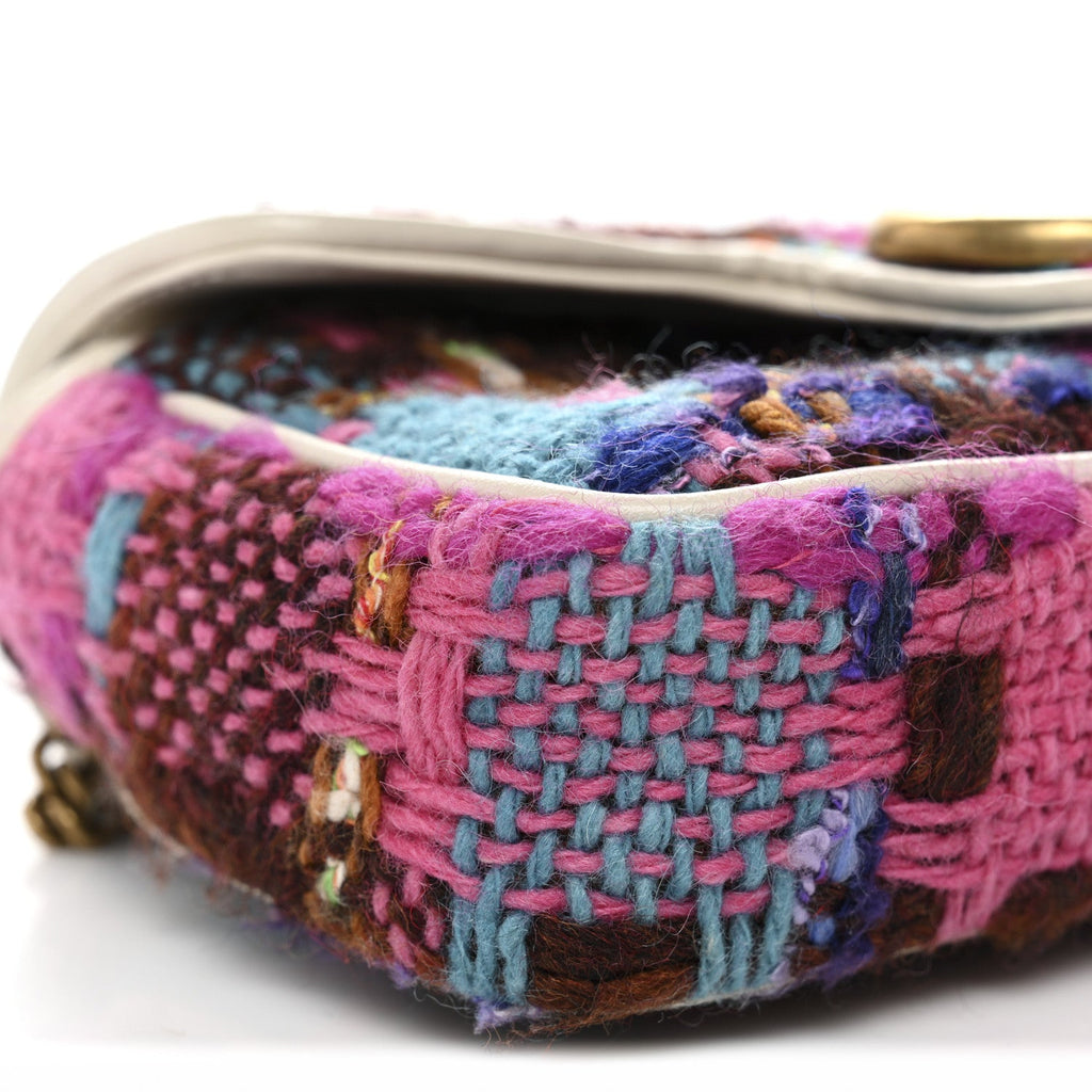 Gucci Tweed Calfskin Spicy Check Super Mini GG Marmont Shoulder Bag Pink Multicolor Mystic White