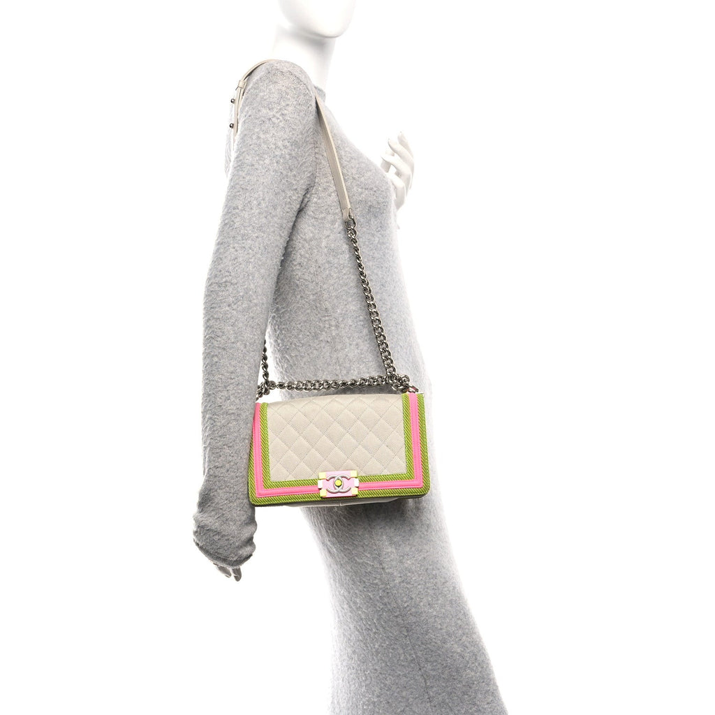 Chanel Canvas Quilted Medium Fluo Boy Flap Dark Grey Fuchsia Green