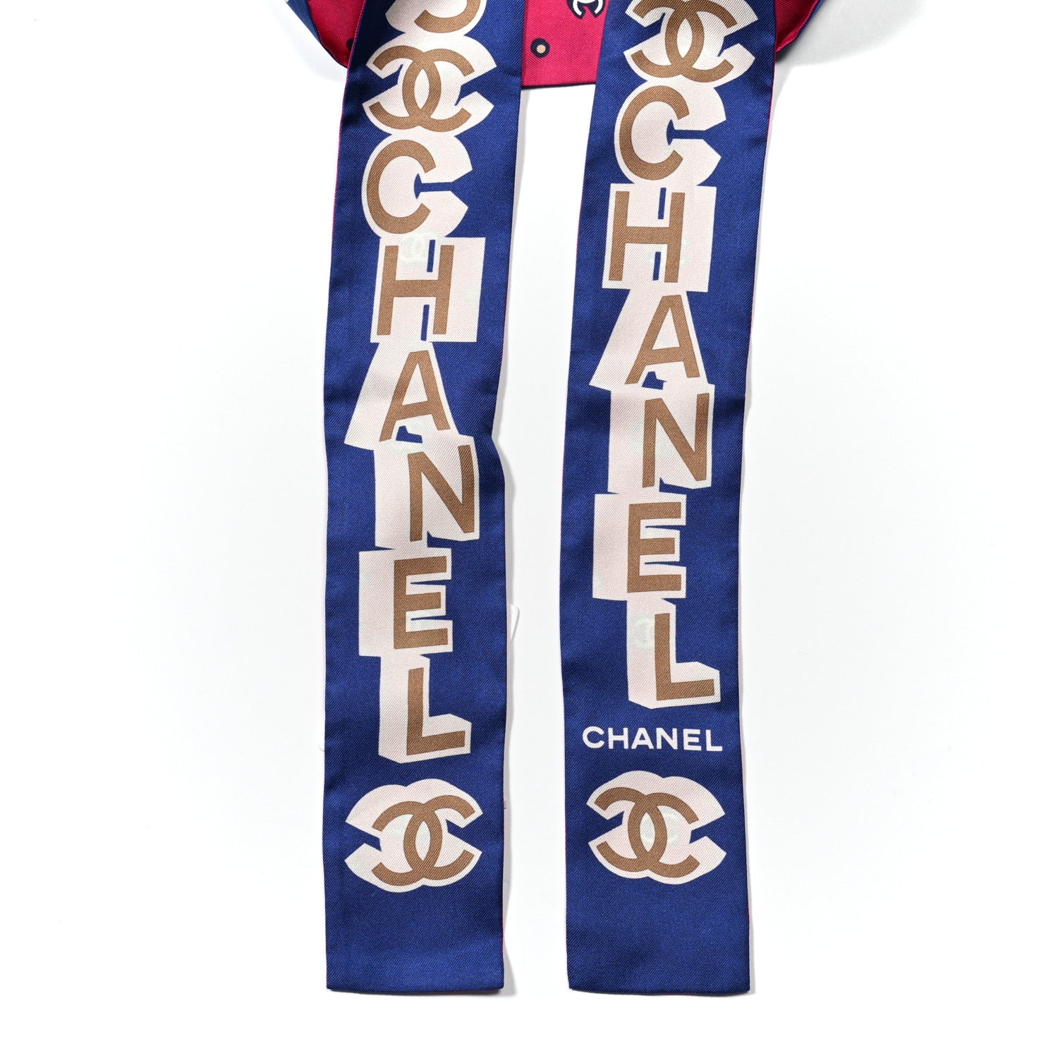 Chanel Silk Twill Slim Bandeau Scarf Blue Ecru Beige