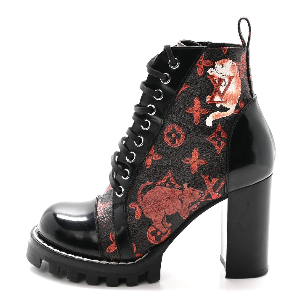 Louis Vuitton Patent Calfskin Catogram Star Trail Ankle Boots 36 Black Marron