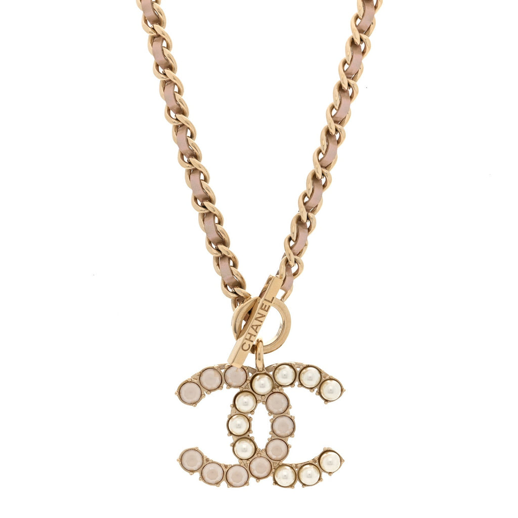 Pearl Crystal Lambskin Chain CC Dazzling Domino Necklace White Gold Pink