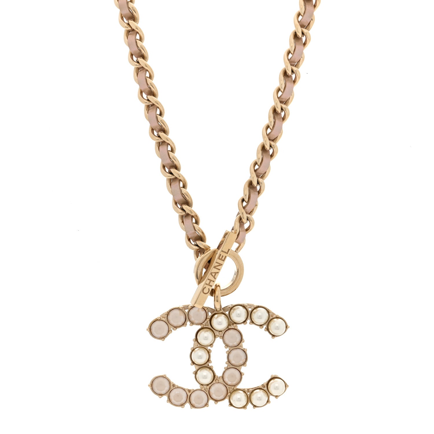 Pearl Crystal Lambskin Chain CC Dazzling Domino Necklace White Gold Pink