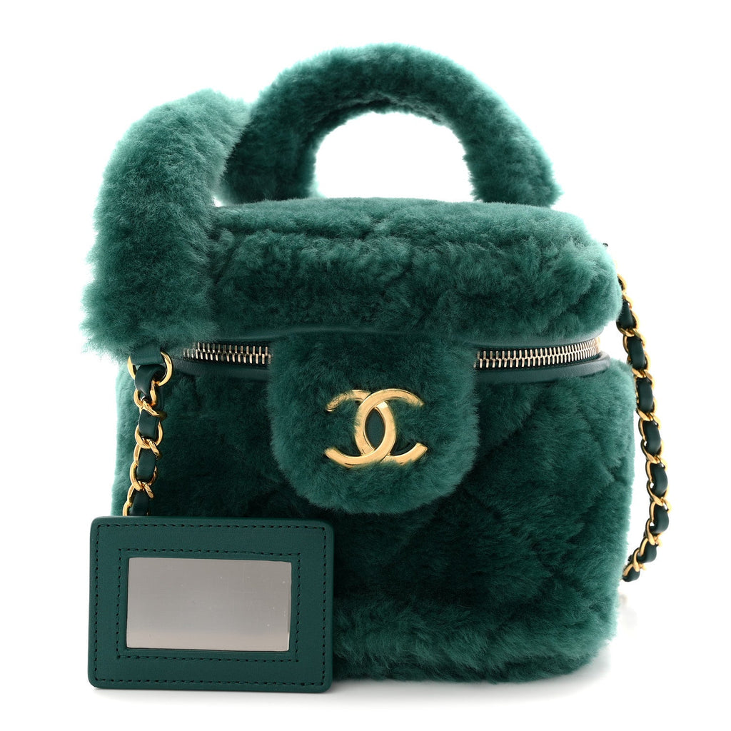 Chanel Shearling Lambskin Quilted Small Vanity Case Green