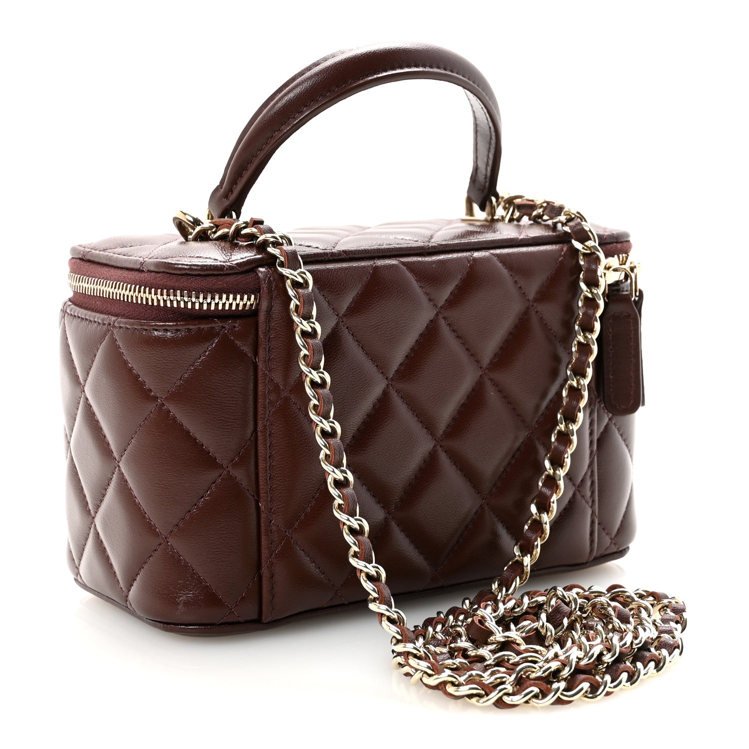 Chanel Lambskin Quilted Small Top Handle Vanity Case With Chain Dark Brown