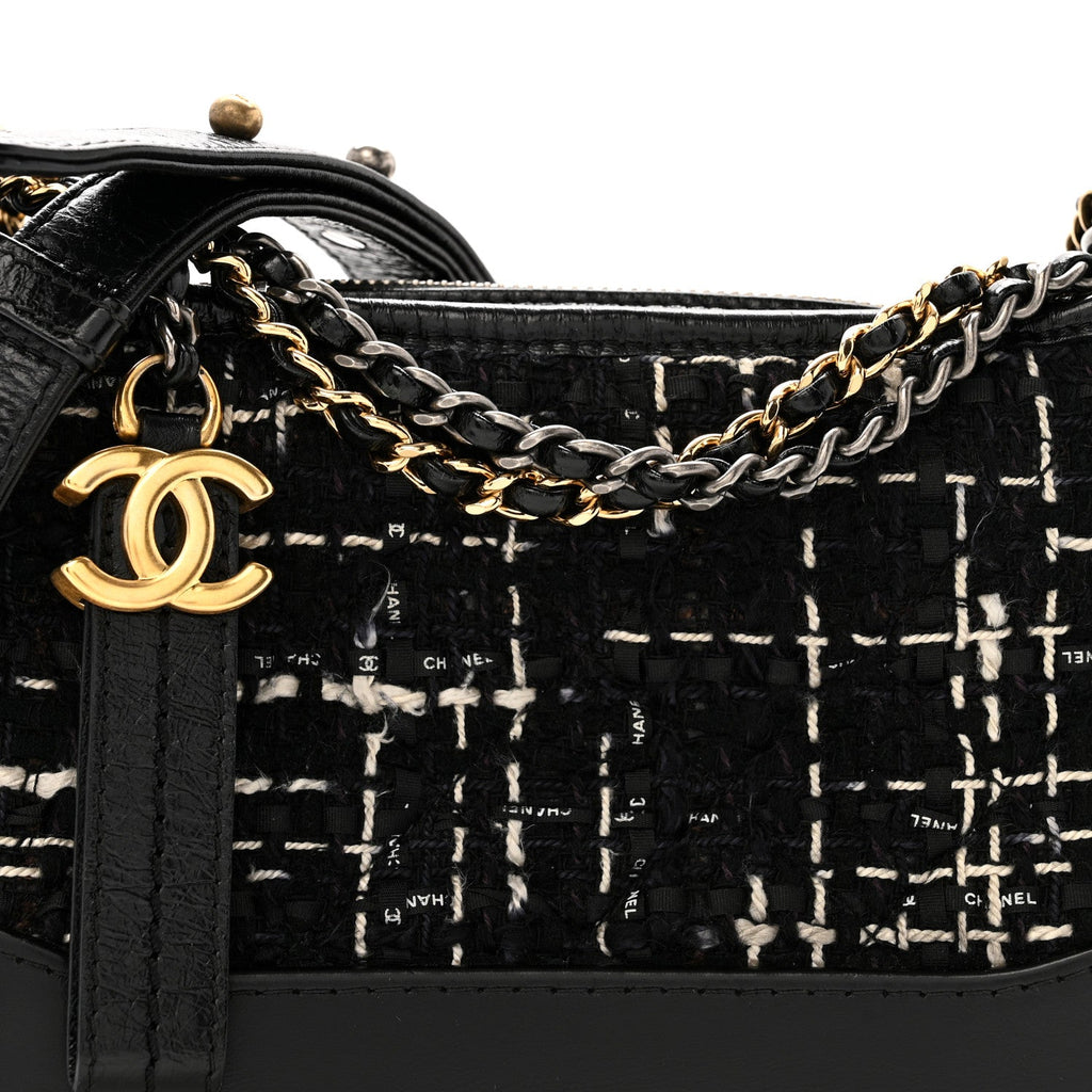 Chanel Tweed Calfskin Small Gabrielle Hobo Black White