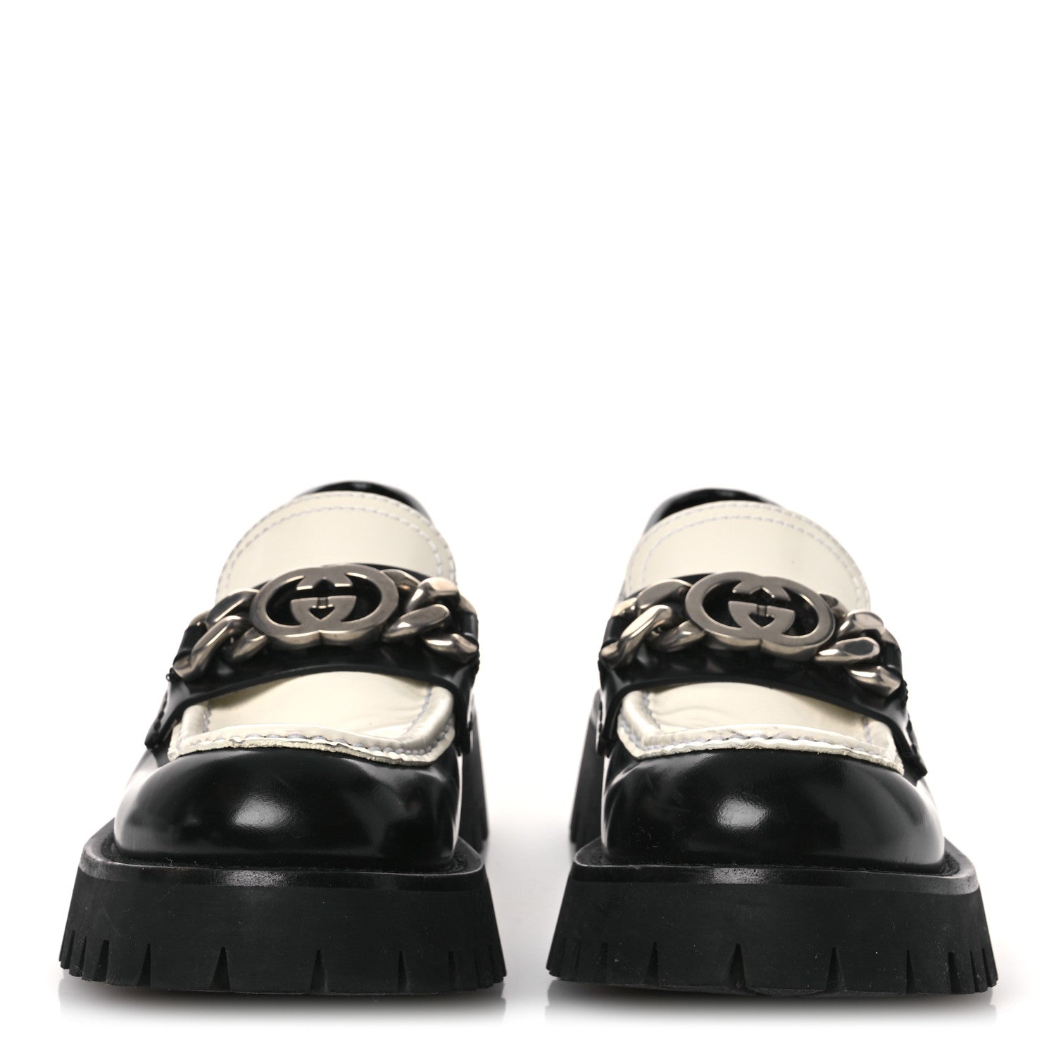 Gucci Cordovan Lux Womens Interlocking G Platform Lug Sole Loafers 36 Black Off White