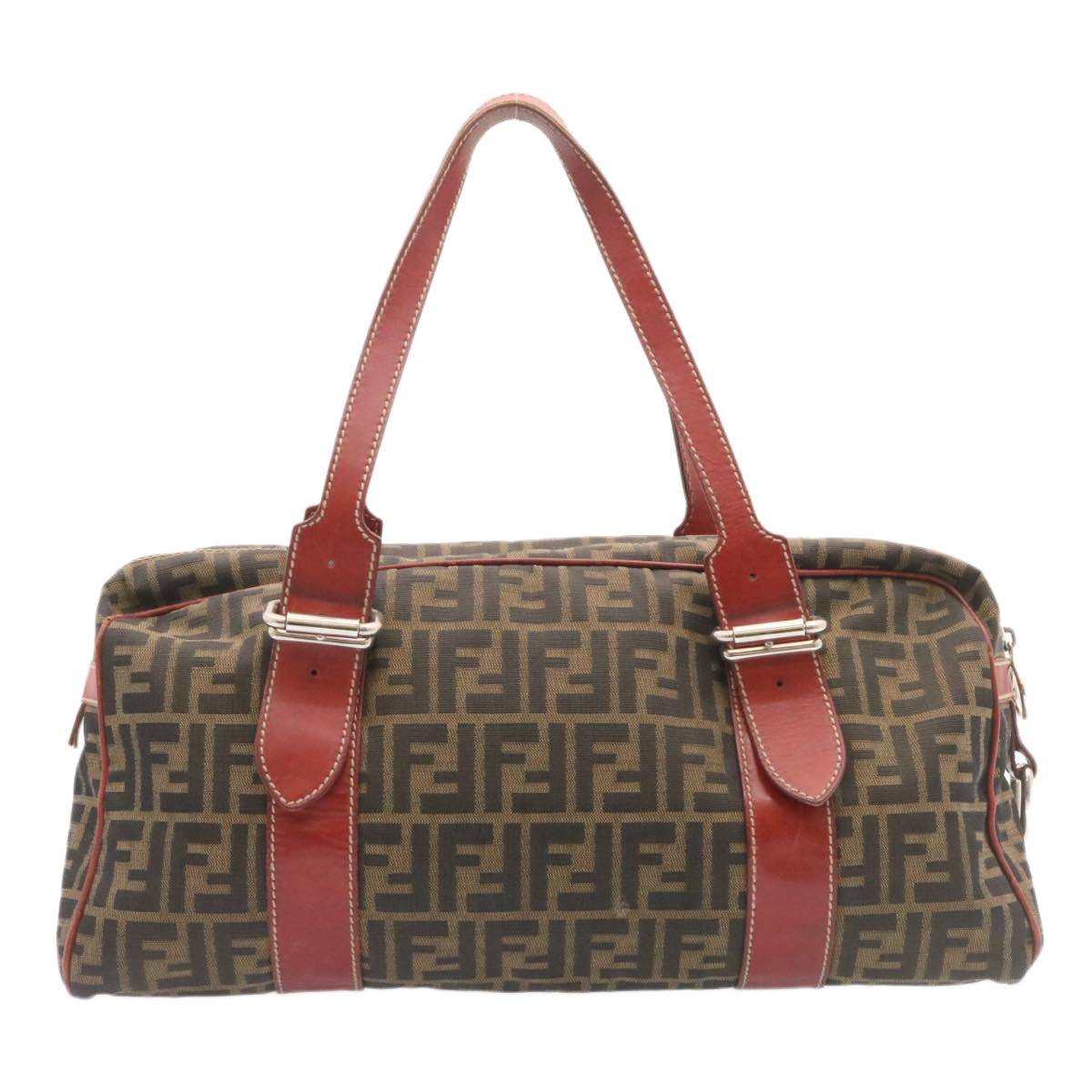 FENDI Zucca Canvas Boston Bag Brown Red Auth am1732g
