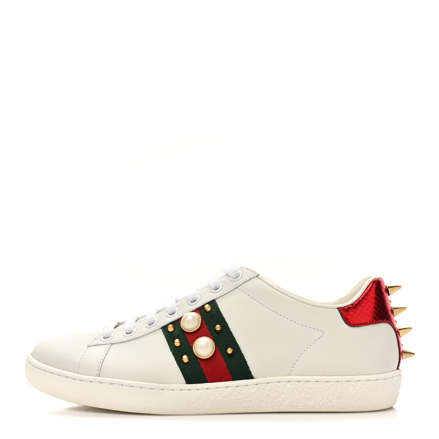GUCCI WOMEN'S CALFSKIN WEB PEARL STUDDED ACE SNEAKERS