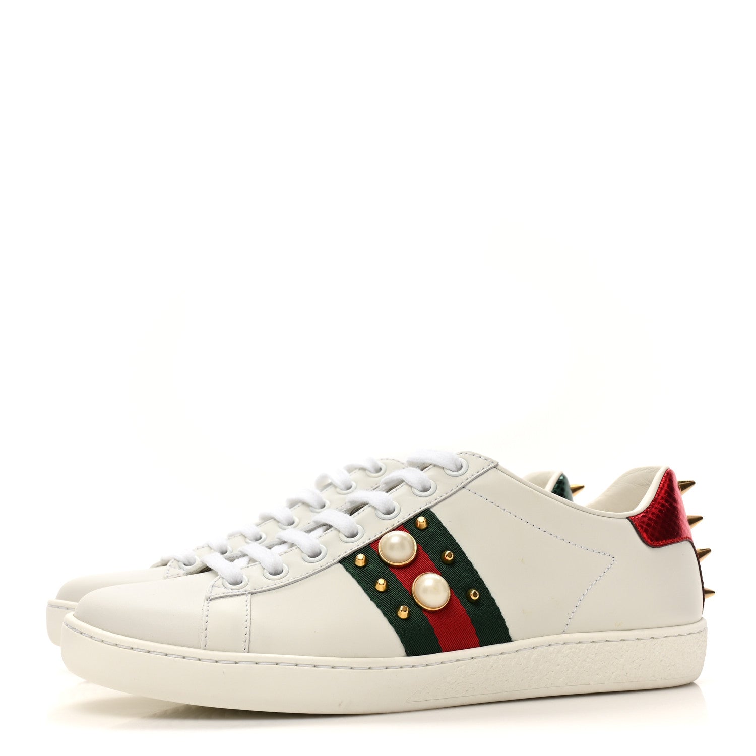 GUCCI WOMEN'S CALFSKIN WEB PEARL STUDDED ACE SNEAKERS