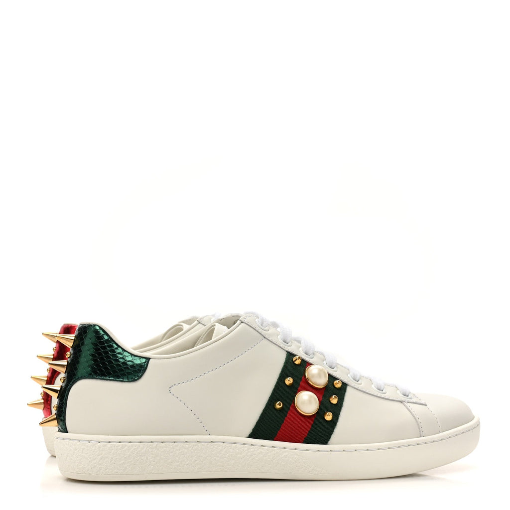 GUCCI WOMEN'S CALFSKIN WEB PEARL STUDDED ACE SNEAKERS