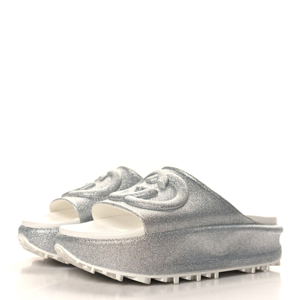 GUCCI WOMENS GLITTER INTERLOCKING G PLATFORM SLIDE SANDALS
