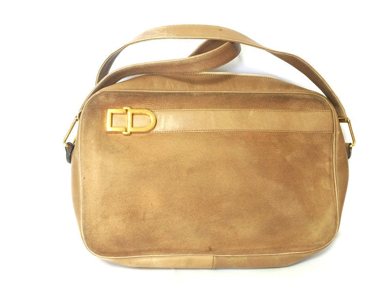 CHRISTIAN DIOR  brown beige suede leather shoulder bag with golden CD motif