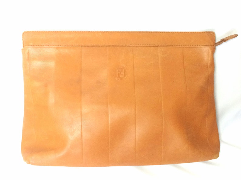 FENDI Vintage orange brown genuine leather mini document bag, clutch purse with embossed logo and epi mix